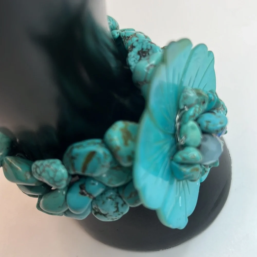 Hand Beaded Turquoise 3-Strand Floral Bracelet
